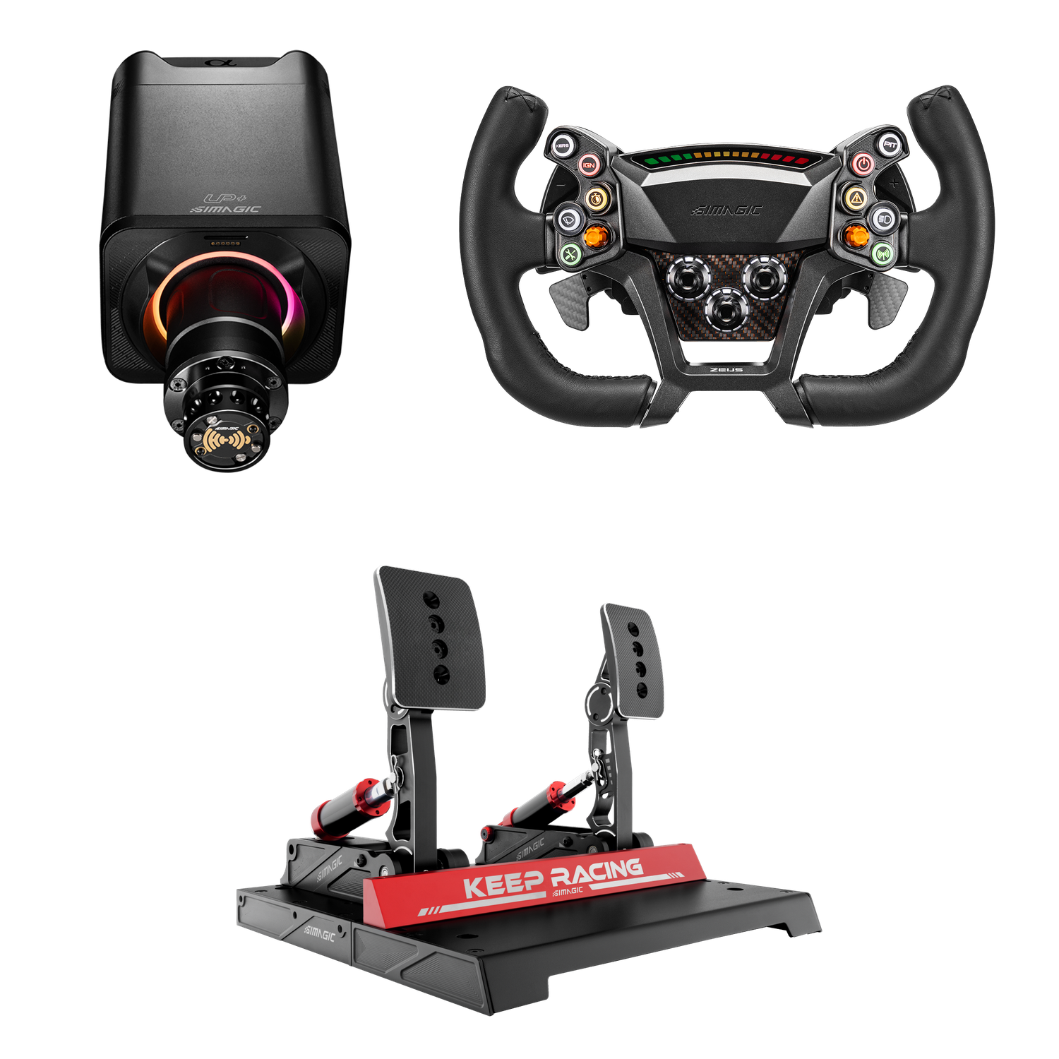 Bundle SIMAGIC Alpha EVO 12 Nm wheelbase, Zeus GT wheel, and P1000-F pedals